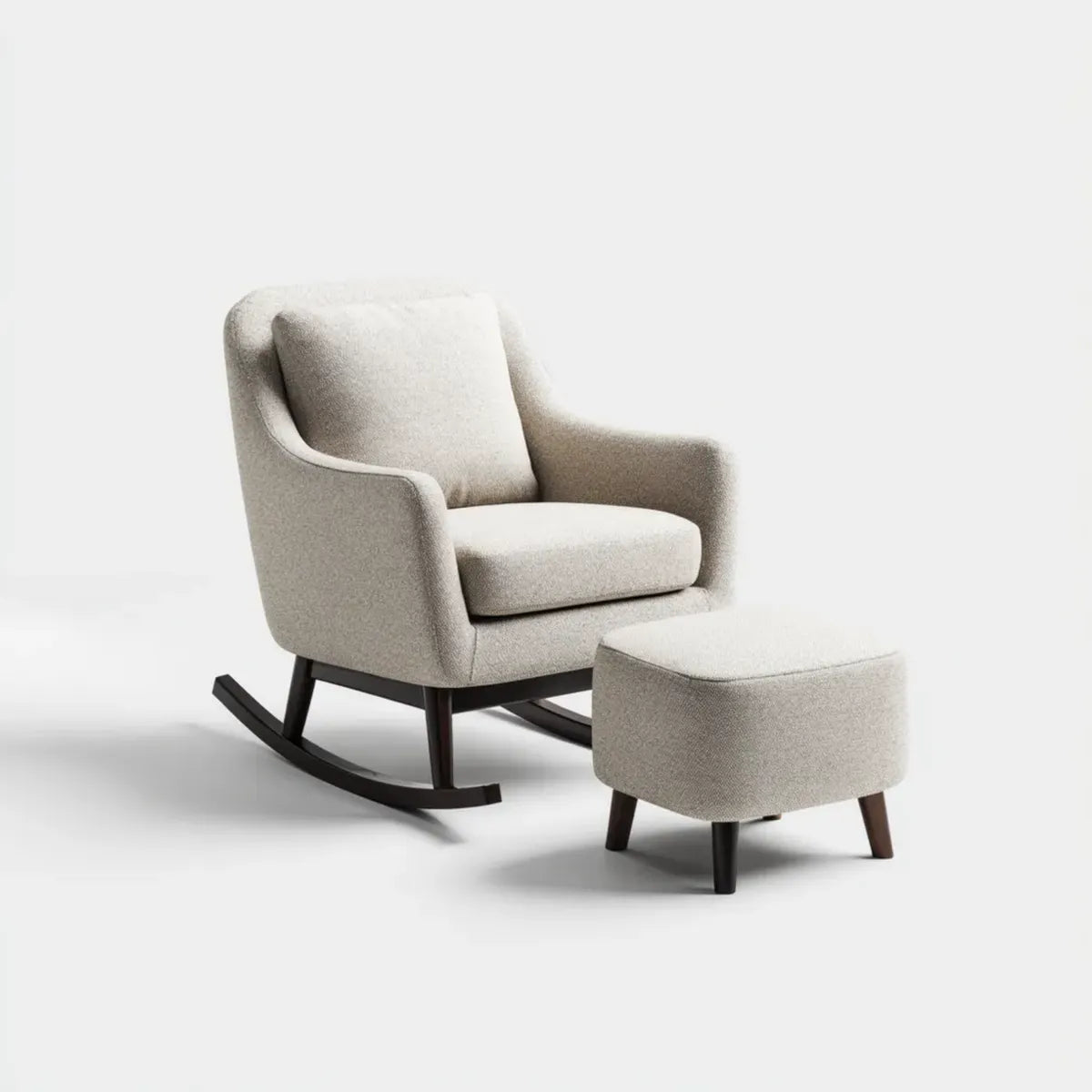 Fauteuil à bascule avec repose-pieds beige en polyester bouclette et bois d'hévéa 70 x 95 x 98 cm