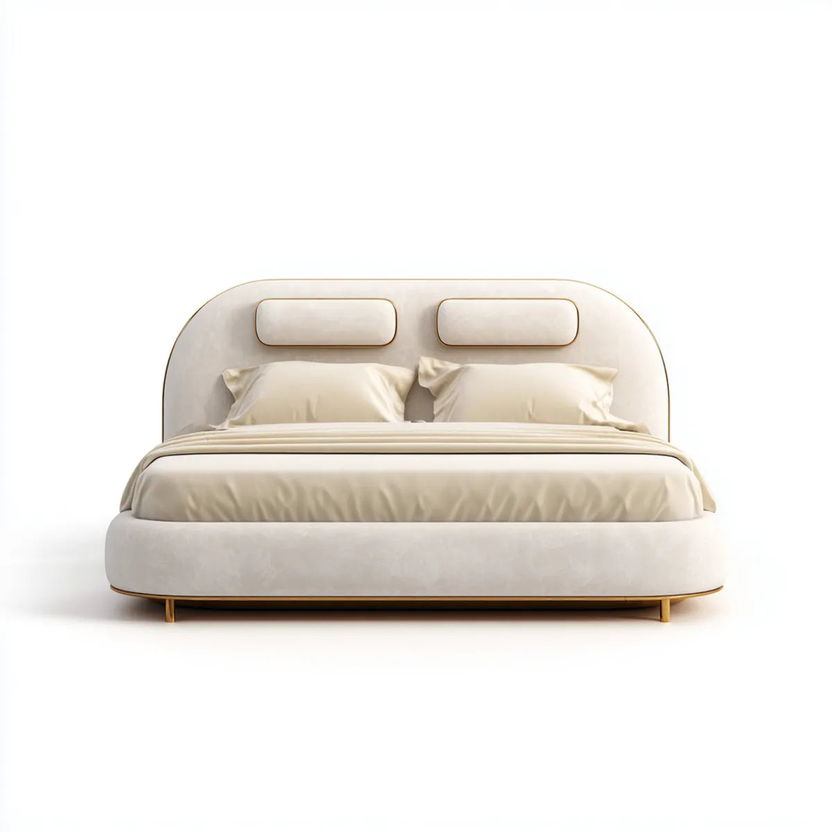 Lit double capitonné beige 160 x 200 cm en velours polyester avec tête de lit arrondie