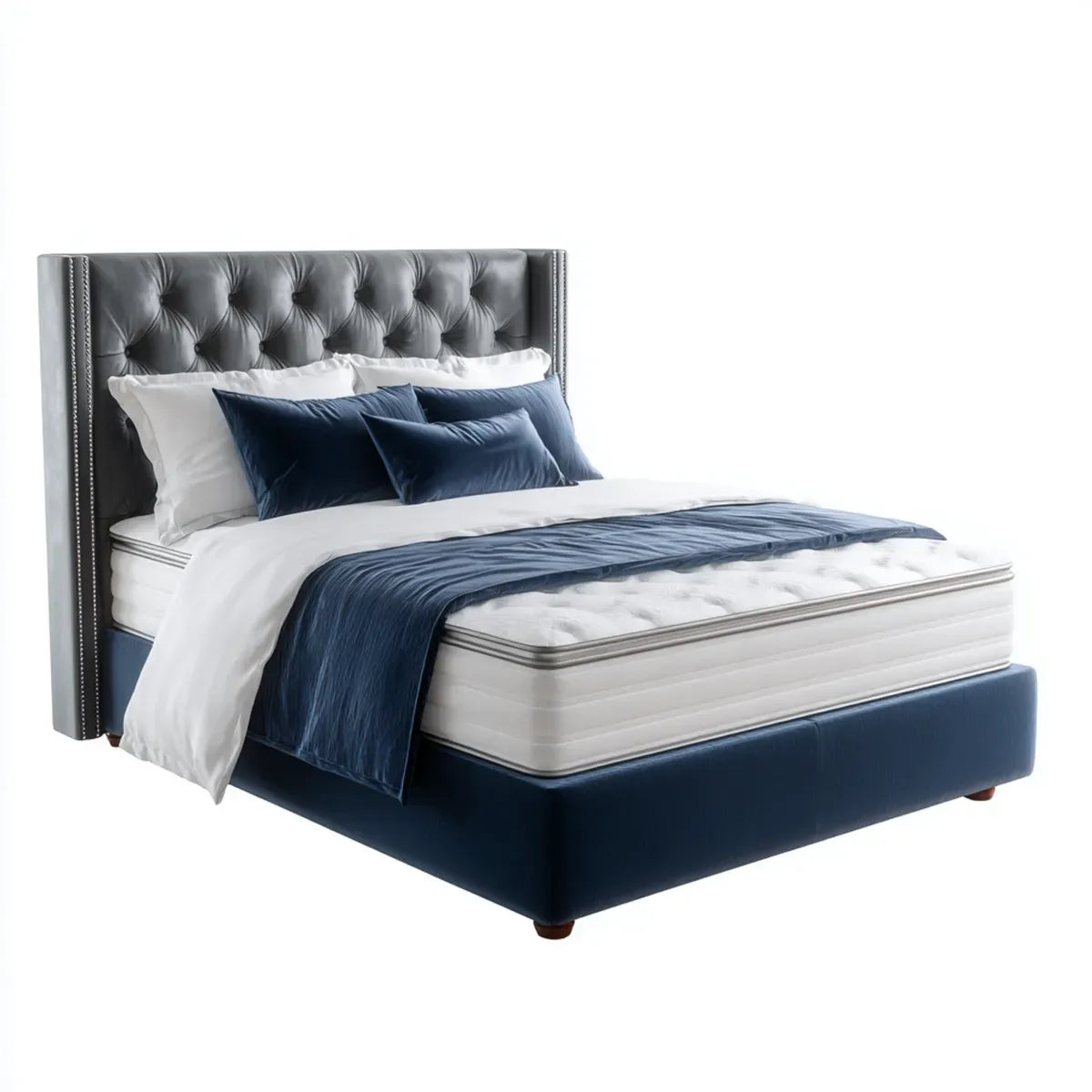 Lit double capitonné gris anthracite et bleu nuit 160 x 200 cm en similicuir PU rectangulaire