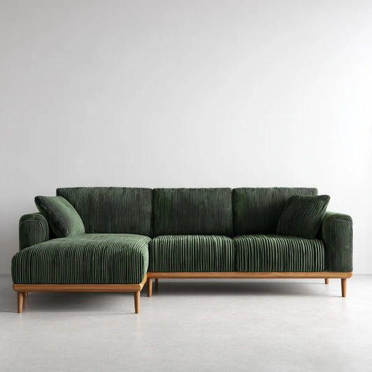 Canapé d'angle gauche 3 places vert foncé en velours côtelé polyester 240 x 150 x 85 cm