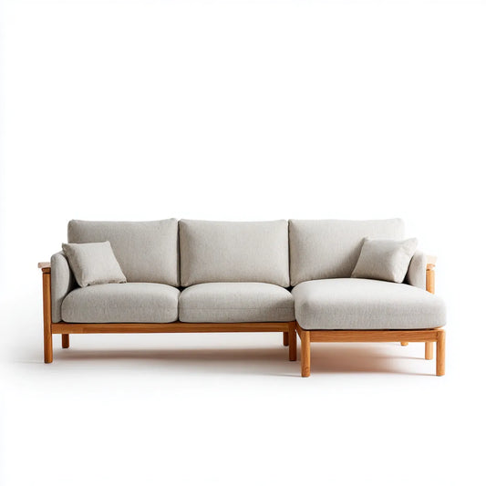 Canapé d'angle 3 places avec méridienne droite beige en polyester et bois massif 250 x 160 x 85 cm