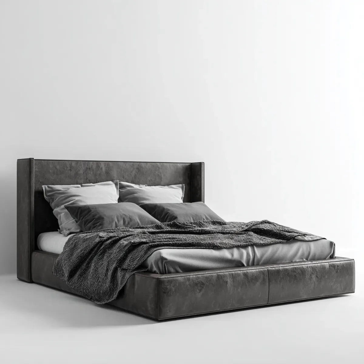 Lit double avec tête de lit anthracite 160 x 200 cm microfibre polyester aspect cuir rectangulaire
