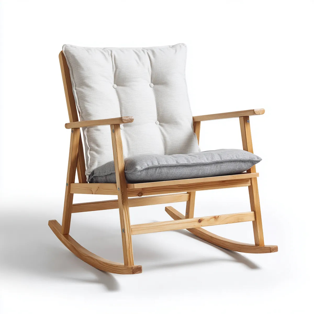 Fauteuil à bascule avec accoudoirs en pin massif naturel et coussins gris blanc 67 x 90 x 100 cm