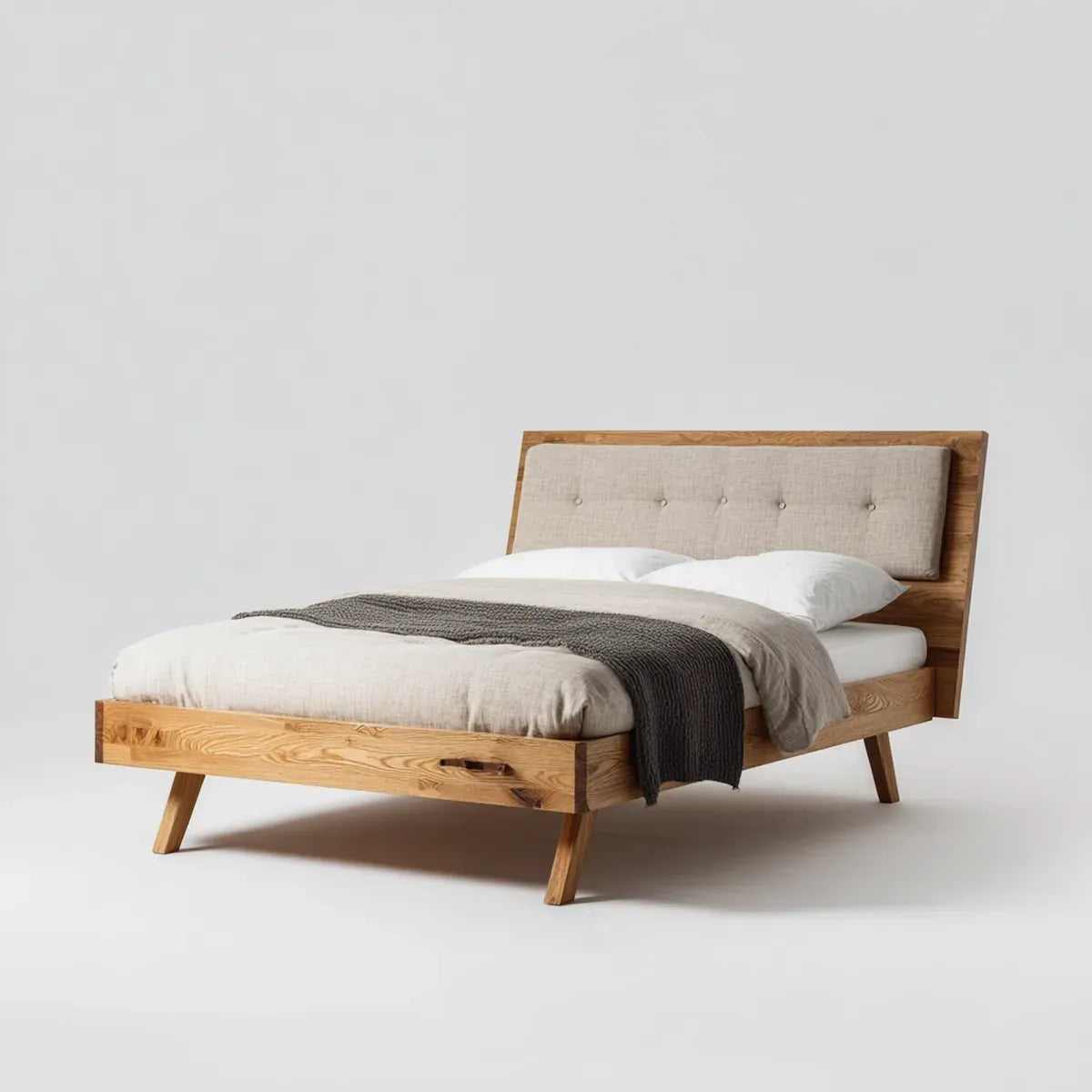 Lit double 160 x 200 cm chêne naturel avec tête de lit capitonnée beige