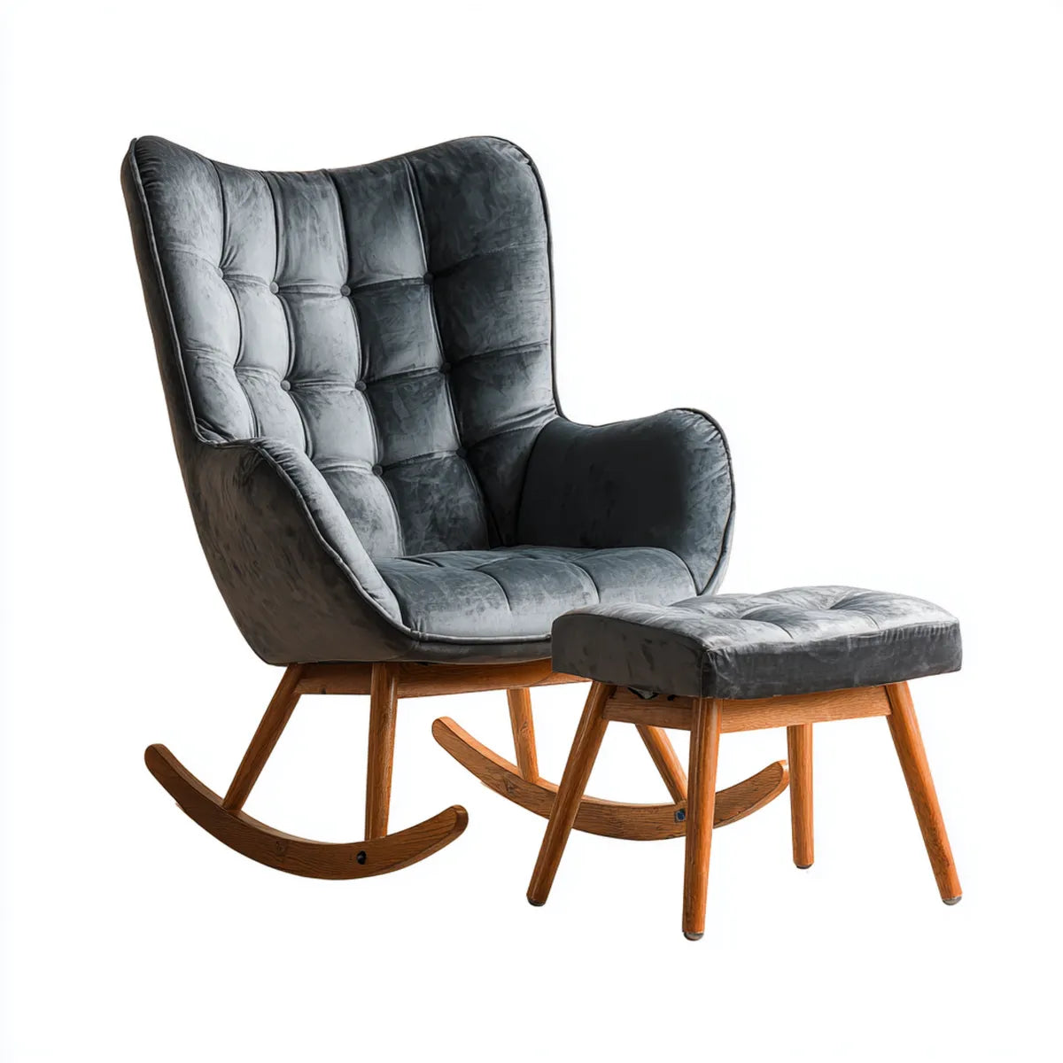 Fauteuil à bascule avec repose-pieds gris anthracite en velours de polyester et bois d'hévéa 68 x 95 x 105 cm